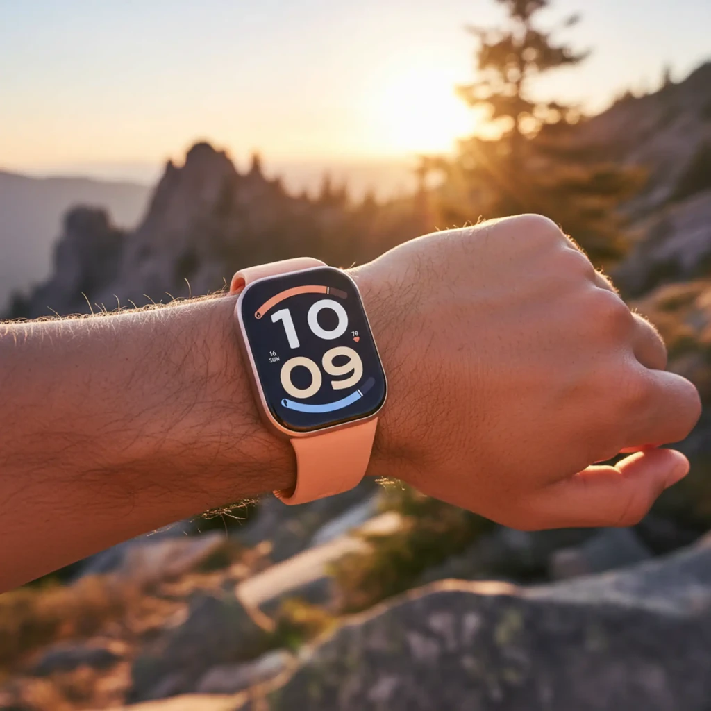 Xiaomi Redmi Watch 6 Active Naranja Atardecer con caja dorada, correa de silicona coral, pantalla rectangular grande y bordes curvos, diseño deportivo elegante - Ítem3