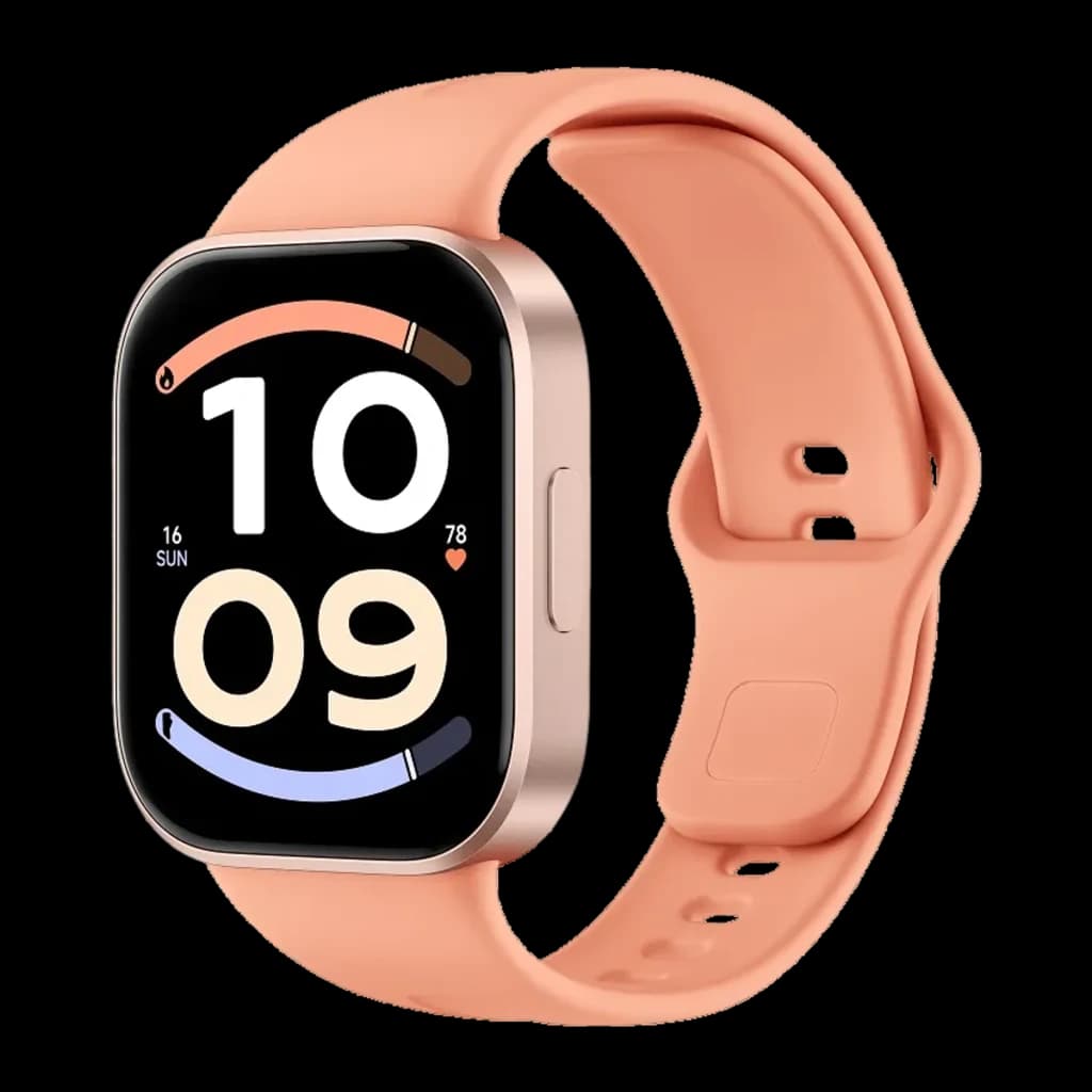 Xiaomi Redmi Watch 6 Active Orange Sunset avec boîtier or rose, grand écran rectangulaire noir, bracelet silicone pêche, interface colorée arrondie