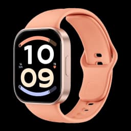 Xiaomi Redmi Watch 6 Active Orange Sunset avec boîtier or rose, grand écran rectangulaire noir, bracelet silicone pêche, interface colorée arrondie