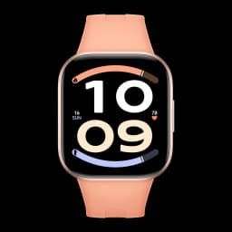 Xiaomi Redmi Watch 6 Active Orange Sunset avec boîtier or rose, écran carré bord à bord, grand affichage numérique, bracelet silicone pêche, capteur
