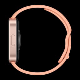 Montre connectée Xiaomi Redmi Watch 6 Active Orange Sunset vue de côté, boîtier fin doré, bouton latéral unique, bracelet silicone orange, profil