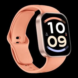Xiaomi Redmi Watch 6 Active Orange Sunset montre connectée au boîtier doré et bracelet pêche, grand écran rectangulaire avec cadran numérique contrasté