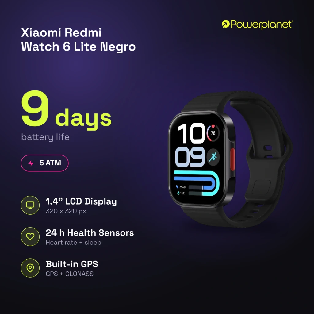 Xiaomi Redmi Watch 6 Lite Negro con pantalla rectangular, correa de silicona negra y botón rojo. Muestra pasos, ritmo cardíaco, SpO2, GPS y GLONASS - Ítem5