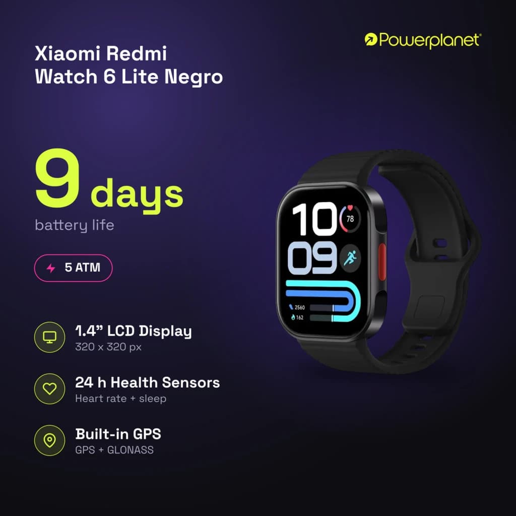 Xiaomi Redmi Watch 6 Lite Noir avec écran LCD 1,4 pouces, boîtier rectangulaire, bracelet silicone noir, affichage coloré, boutons latéraux, design sportif
