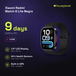 Xiaomi Redmi Watch 6 Lite Noir avec écran LCD 1,4 pouces, boîtier rectangulaire, bracelet silicone noir, affichage coloré, boutons latéraux, design sportif