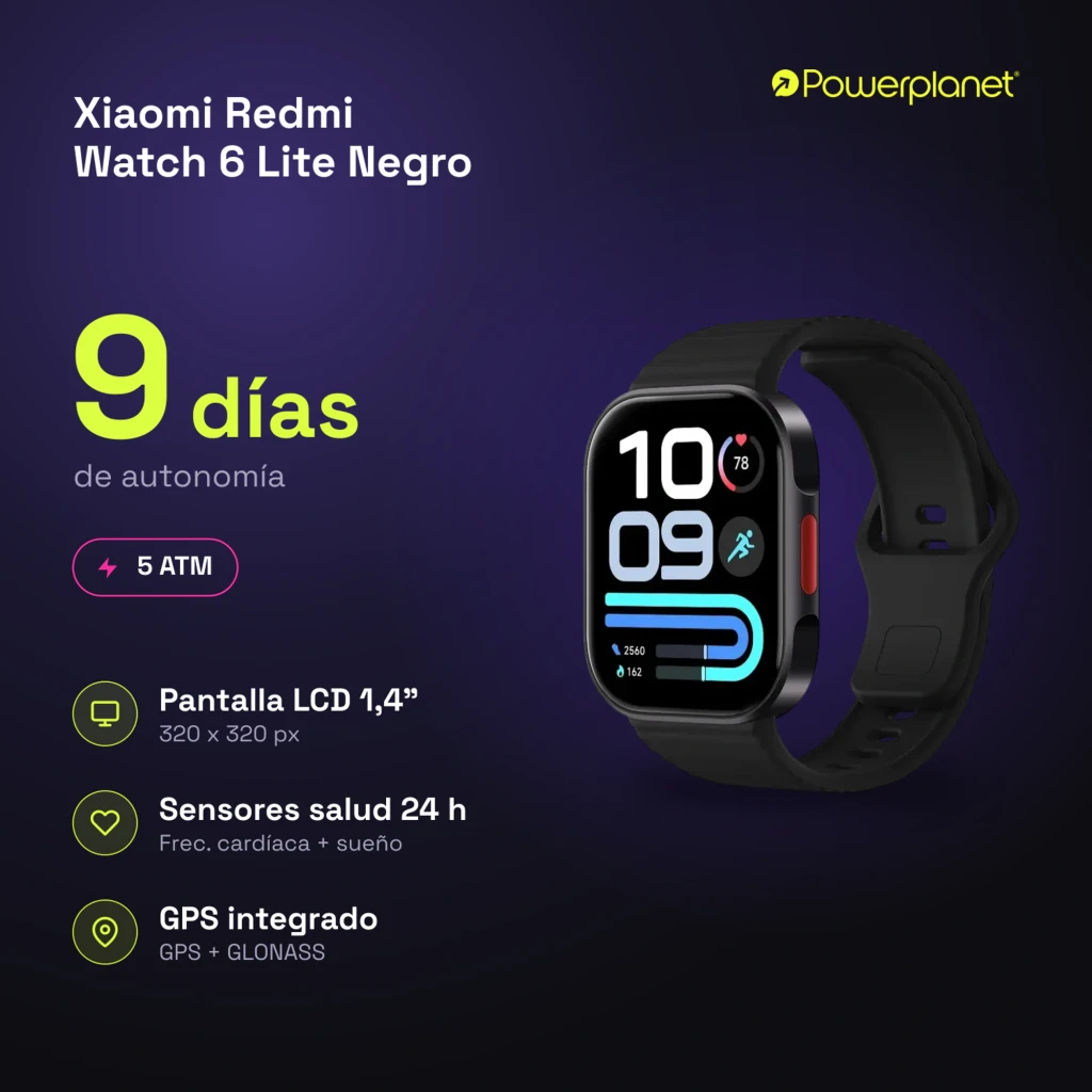 Xiaomi Redmi Watch 6 Lite Negro con pantalla rectangular, correa de silicona negra y botón rojo. Muestra pasos, ritmo cardíaco, SpO2, GPS y GLONASS - Ítem8