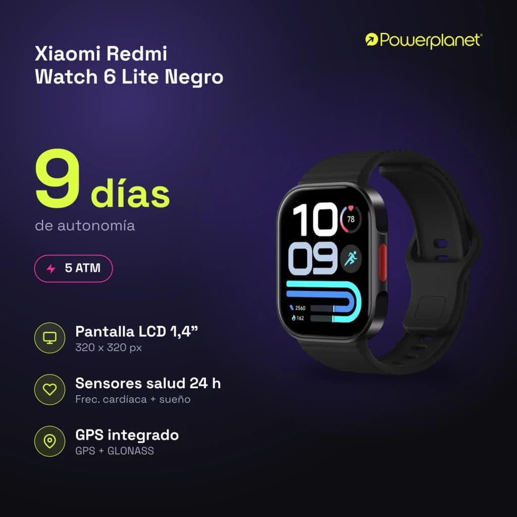 Xiaomi Redmi Watch 6 Lite Noir avec écran LCD 1,4 pouces, boîtier noir et bracelet silicone, boutons latéraux, affichage coloré lisible et design sportif