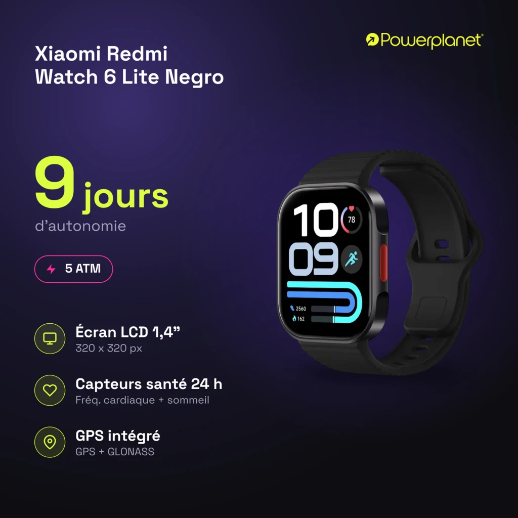 Xiaomi Redmi Watch 6 Lite Negro con pantalla rectangular, correa de silicona negra y botón rojo. Muestra pasos, ritmo cardíaco, SpO2, GPS y GLONASS - Ítem6