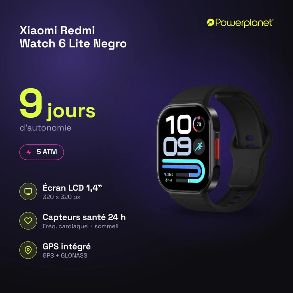 Xiaomi Redmi Watch 6 Lite Noir avec écran LCD 1,4 po, boîtier noir et bracelet silicone, affichage coloré, bouton latéral rouge, style sportif