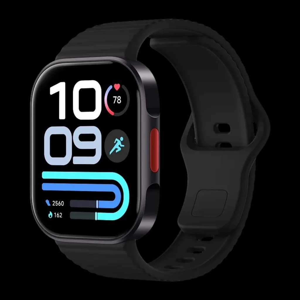 Xiaomi Redmi Watch 6 Lite Noir avec écran rectangulaire noir, cadran sportif coloré, boîtier arrondi, bouton latéral rouge et bracelet silicone noir