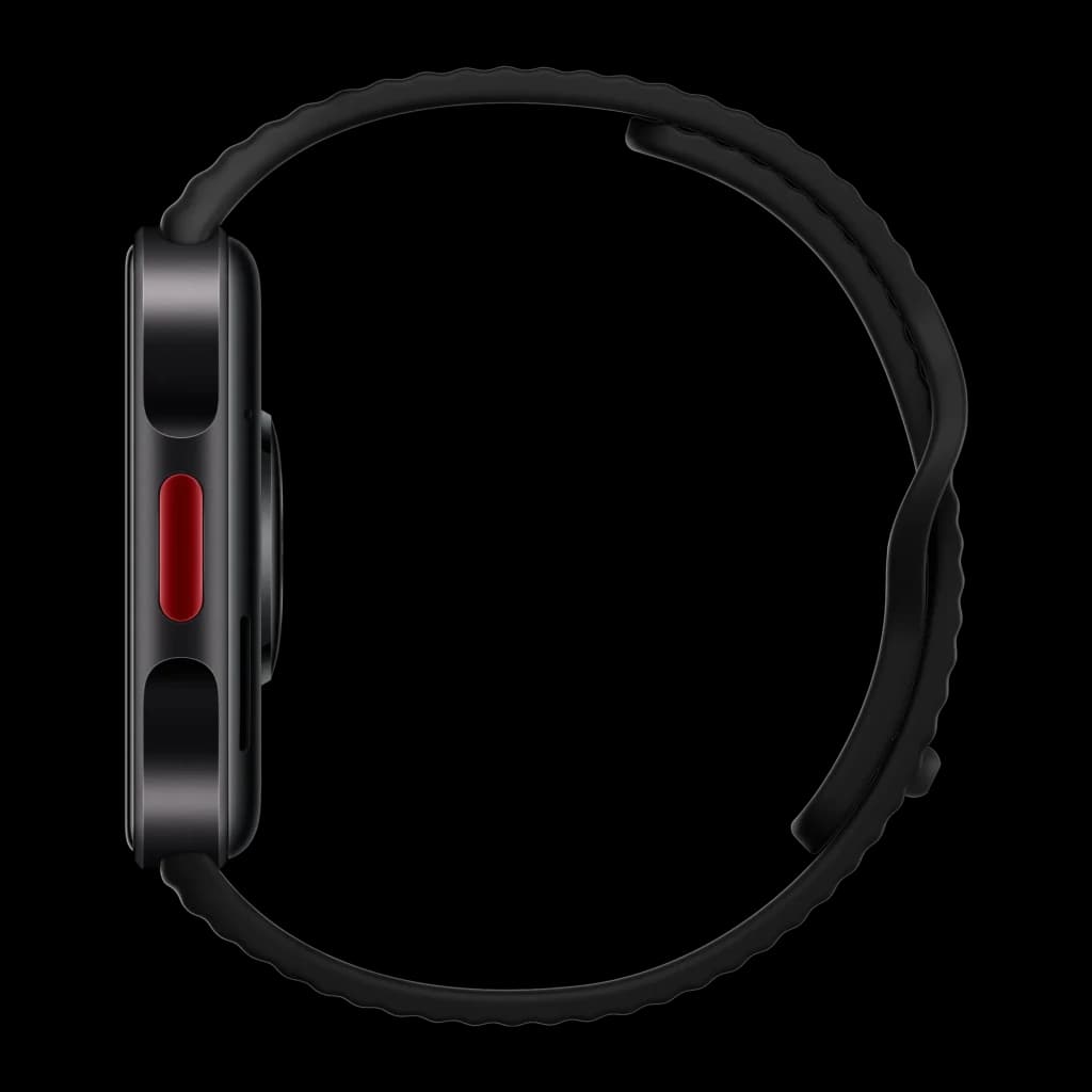 Xiaomi Redmi Watch 6 Lite Noir, boîtier fin noir mat, bouton latéral rouge, bracelet silicone noir, profil rectangulaire élégant pour suivi GPS GLONASS et
