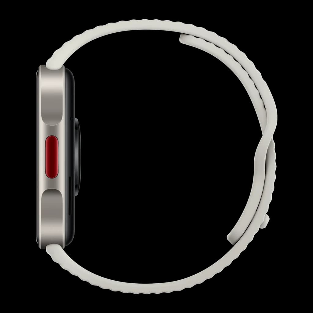 Xiaomi Redmi Watch 6 Lite Plata con caja metálica delgada, botón lateral rojo y correa clara; diseño minimalista y ligero con líneas suaves
