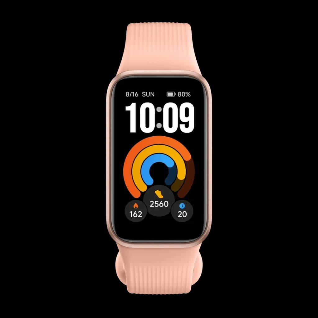 Xiaomi Smart Band 11 Active Rosa com ecrã retangular colorido, moldura dourada e pulseira de silicone; mostradores com passos, ritmo cardíaco e SpO2