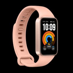 Xiaomi Smart Band 11 Active Rosa com caixa dourada, ecrã retangular grande e pulseira de silicone perfurada; mostrador colorido com métricas de saúde e