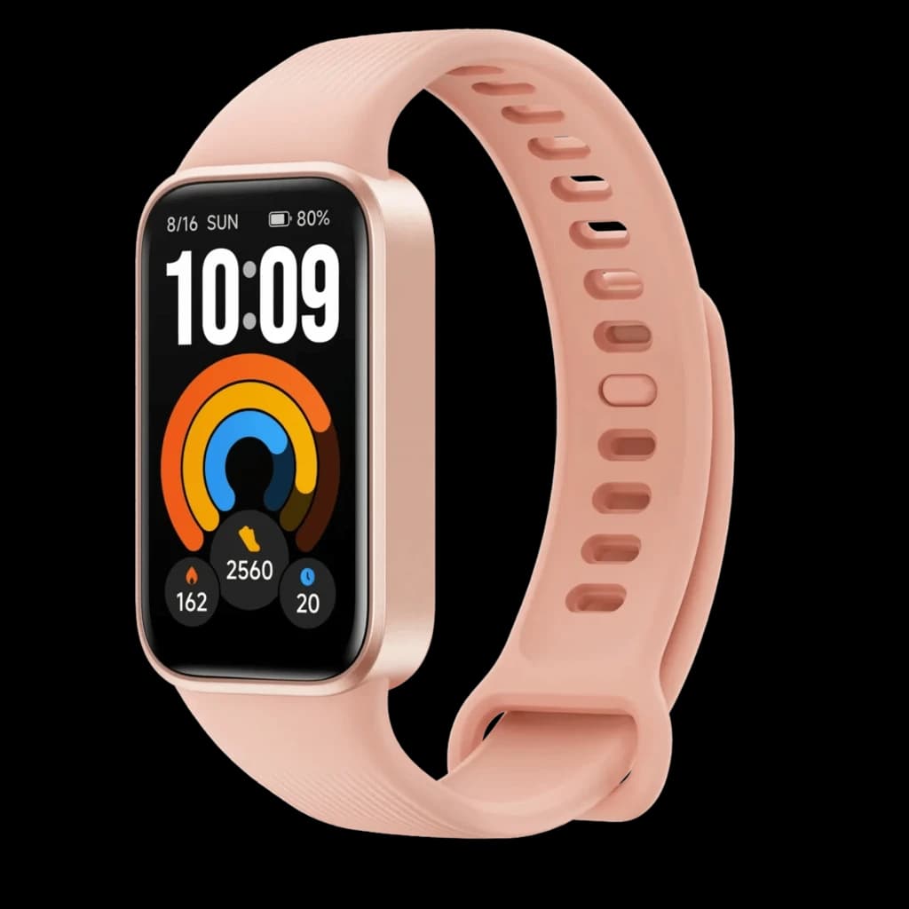 Xiaomi Smart Band 11 Active Rosa com ecrã retangular grande, moldura metálica dourada e pulseira silicone rosa com fecho; mostrador colorido com métricas