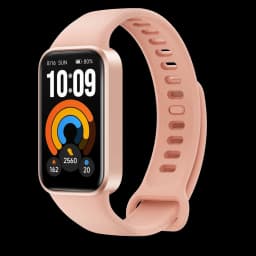 Xiaomi Smart Band 11 Active Rosa com ecrã retangular grande, moldura metálica dourada e pulseira silicone rosa com fecho; mostrador colorido com métricas