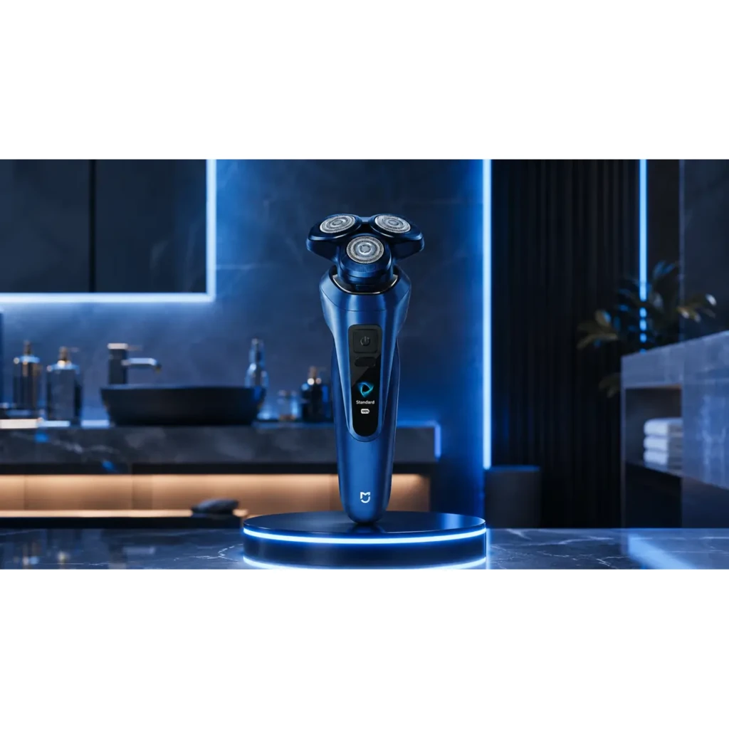Rasoir électrique Xiaomi Mijia Electric Shaver Pro Portable Bleu avec 3 têtes rotatives, corps argenté, écran LED central et bouton unique ergonomique - Ítem4