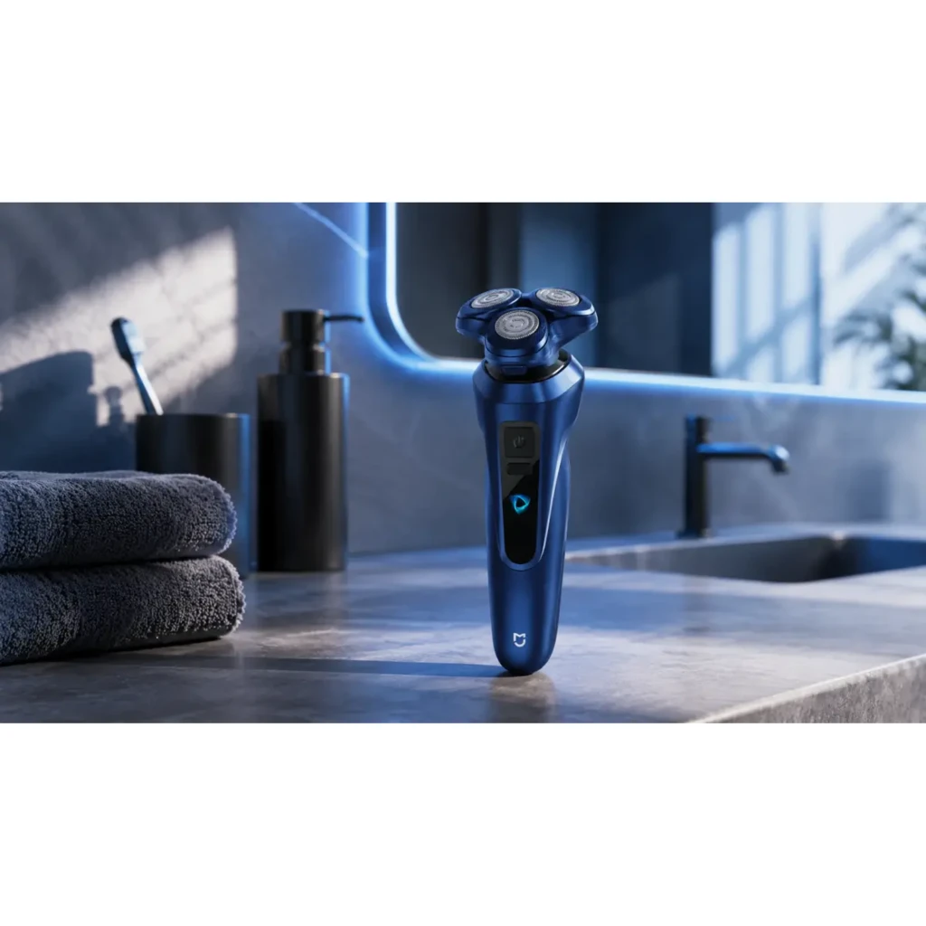 Rasoir électrique Xiaomi Mijia Electric Shaver Pro Portable Bleu avec 3 têtes rotatives, corps argenté, écran LED central et bouton unique ergonomique - Ítem3