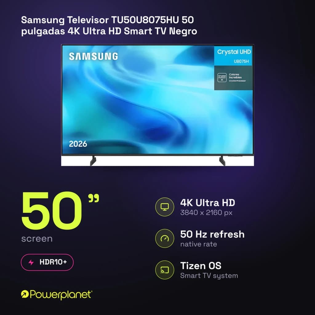 Téléviseur Samsung TU50U8075HU 50 pouces LED Crystal UHD 4K avec cadre fin noir, écran plat sans bords marqués, HDR10+, 3840 x 2160, Tizen OS Smart TV