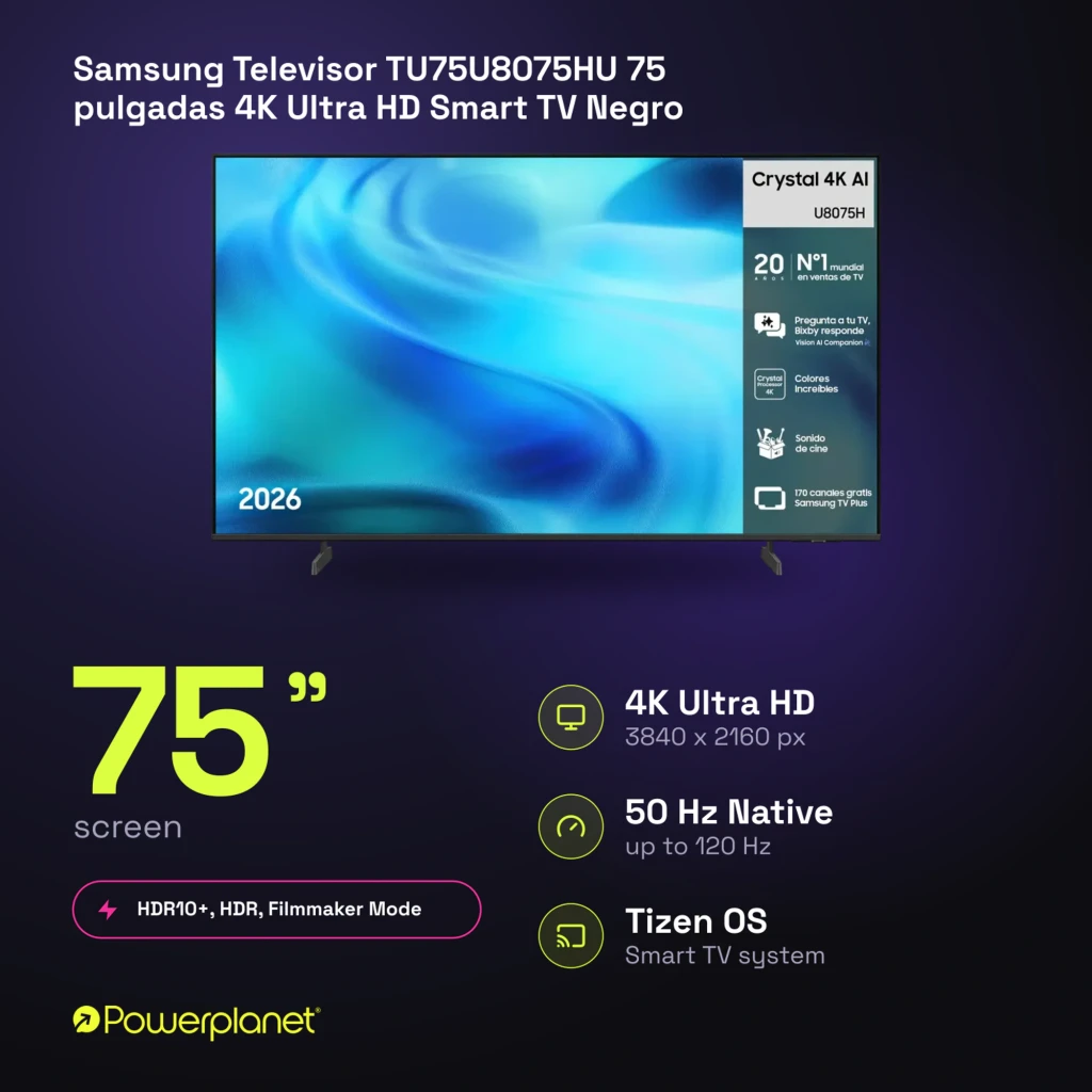 Televisor Samsung TU75U8075HU 75 pulgadas con pantalla LED Crystal UHD 4K, biseles delgados, peanas dobles y panel con información de funciones AI y apps - Ítem7
