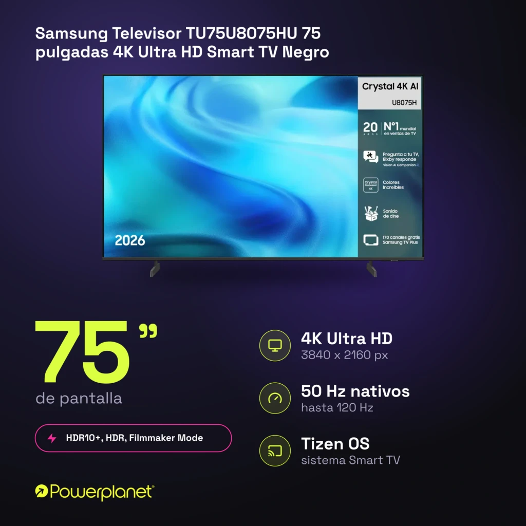 Televisor Samsung TU75U8075HU 75 pulgadas con pantalla LED Crystal UHD 4K, biseles delgados, peanas dobles y panel con información de funciones AI y apps - Ítem10