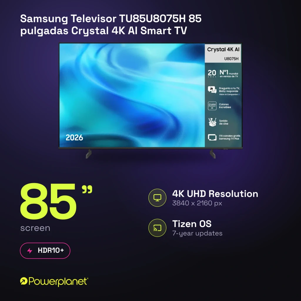 Televisor Samsung TU85U8075HU 85 pulgadas con pantalla LED Crystal UHD 4K, biseles delgados, peanas dobles y panel con información de funciones AI y apps - Ítem8