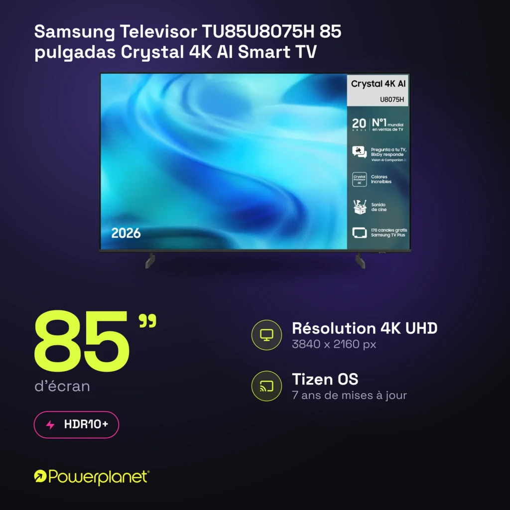 Televisor Samsung TU85U8075HU 85 pulgadas con pantalla LED Crystal UHD 4K, biseles delgados, peanas dobles y panel con información de funciones AI y apps - Ítem7