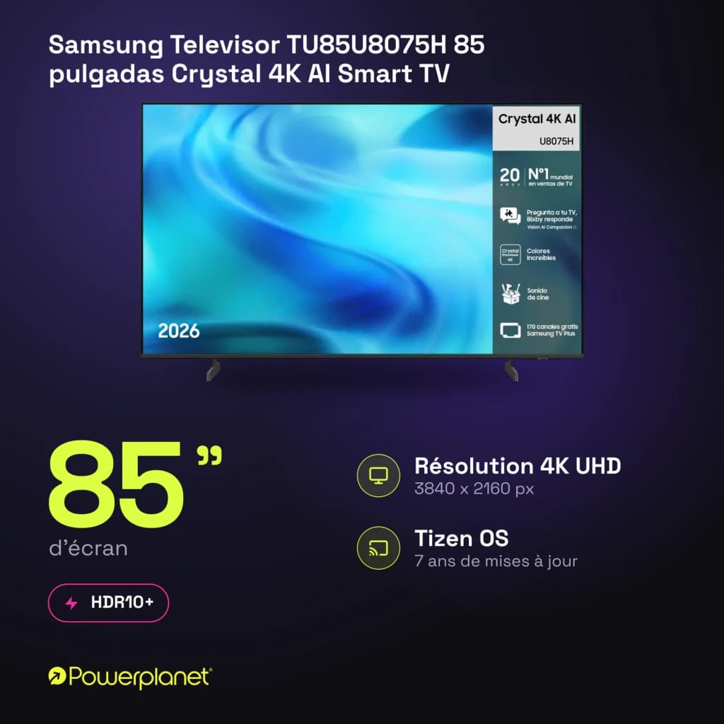 Televisor Samsung TU85U8075HU 85 polegadas LED Crystal UHD 4K com tela fina sem bordas, cores vivas, HDR10+ e Tizen OS para navegação fluida