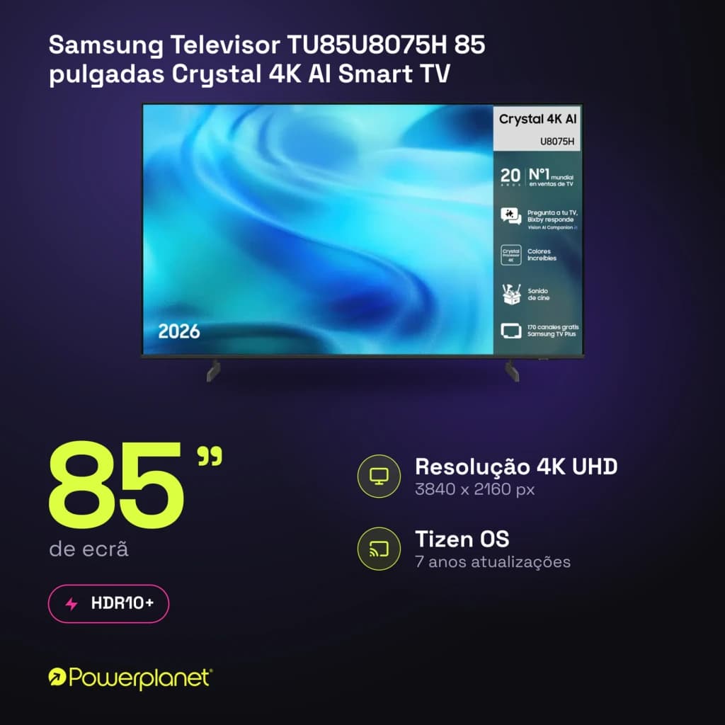 Televisor Samsung TU85U8075HU 85 polegadas LED Crystal UHD 4K com ecrã amplo sem molduras, cores vivas, HDR10+ e Tizen OS para uma experiência imersiva