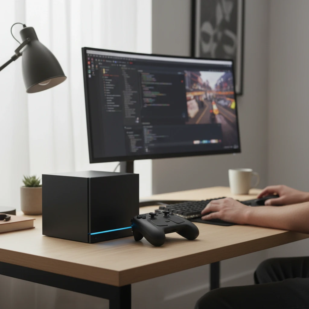 Console Valve Steam Machine 2To SteamOS 3 NVMe SSD en boîtier cube noir mat, façade avec bande LED bleue, ports USB et bouton d’alimentation frontaux - Ítem5