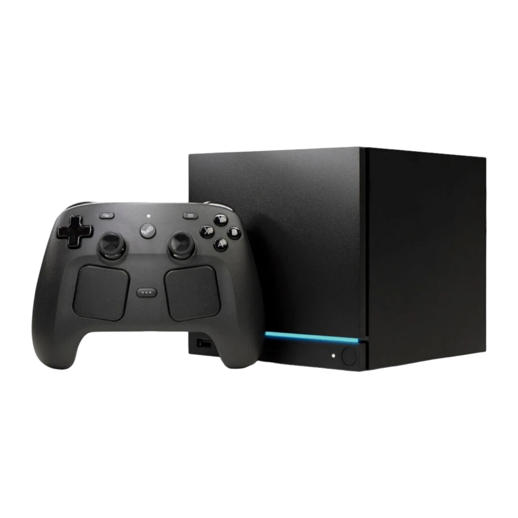 Console Valve Steam Machine 2To SteamOS 3 NVMe SSD en boîtier cube noir mat, façade avec bande LED bleue, ports USB et bouton d’alimentation frontaux - Ítem1
