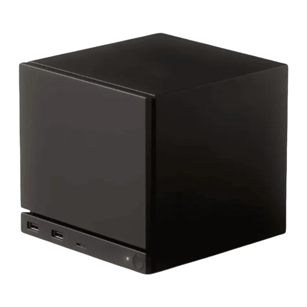 Console Valve Steam Machine 2To SteamOS 3 NVMe SSD en boîtier cube noir mat, façade avec bande LED bleue, ports USB et bouton d’alimentation frontaux - Ítem2