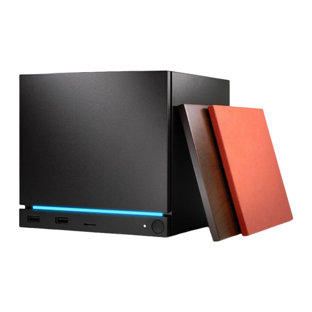 Console Valve Steam Machine 2To SteamOS 3 NVMe SSD en boîtier cube noir mat, façade avec bande LED bleue, ports USB et bouton d’alimentation frontaux - Ítem3