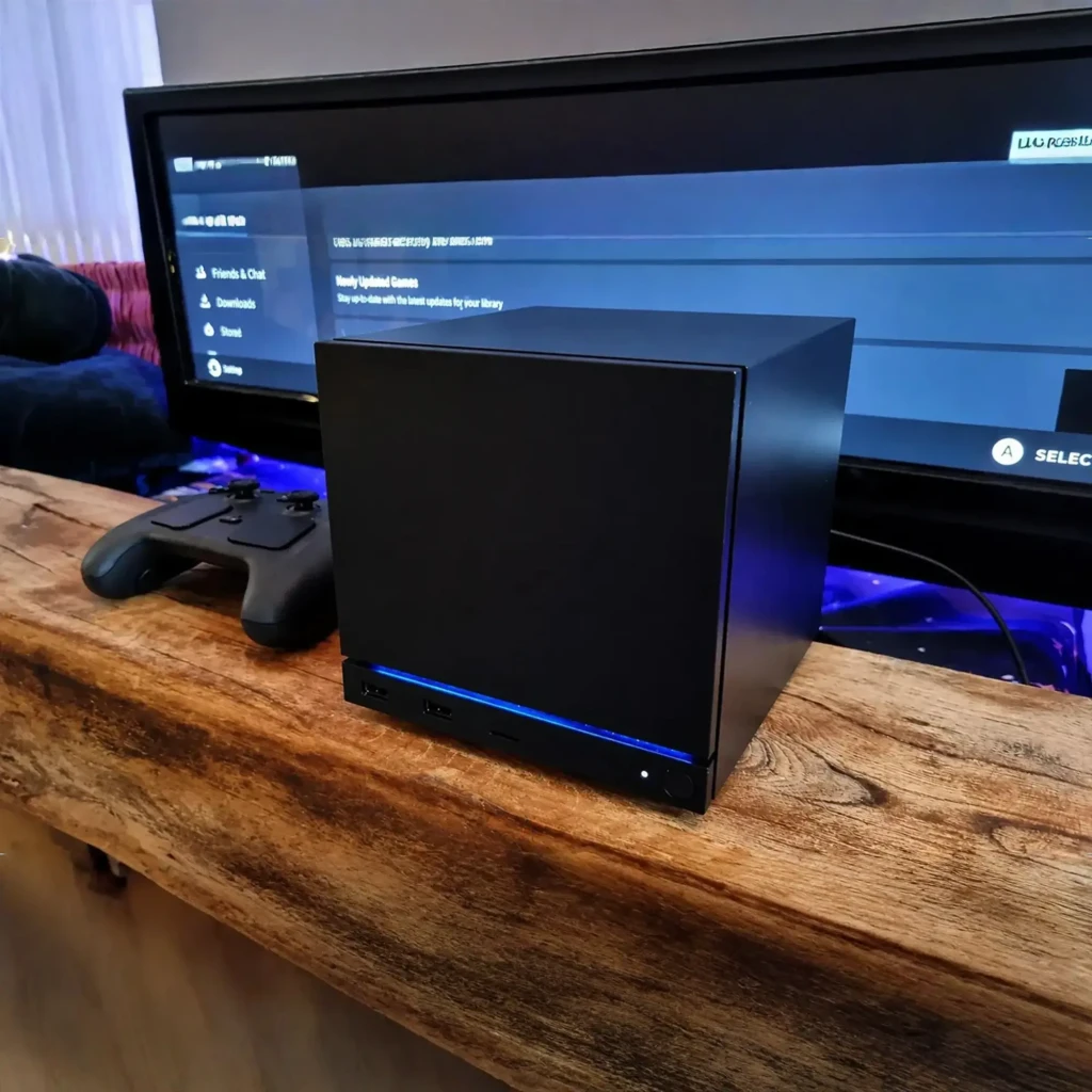 Console Valve Steam Machine 2To SteamOS 3 NVMe SSD en boîtier cube noir mat, façade avec bande LED bleue, ports USB et bouton d’alimentation frontaux - Ítem4