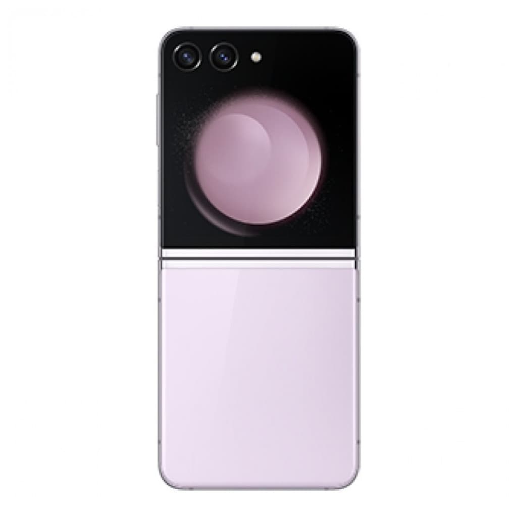 Samsung Galaxy Z Flip5 5G lavanda renovado, plegable con bisagra central, doble cámara trasera y pantalla externa circular con fondo rosado.