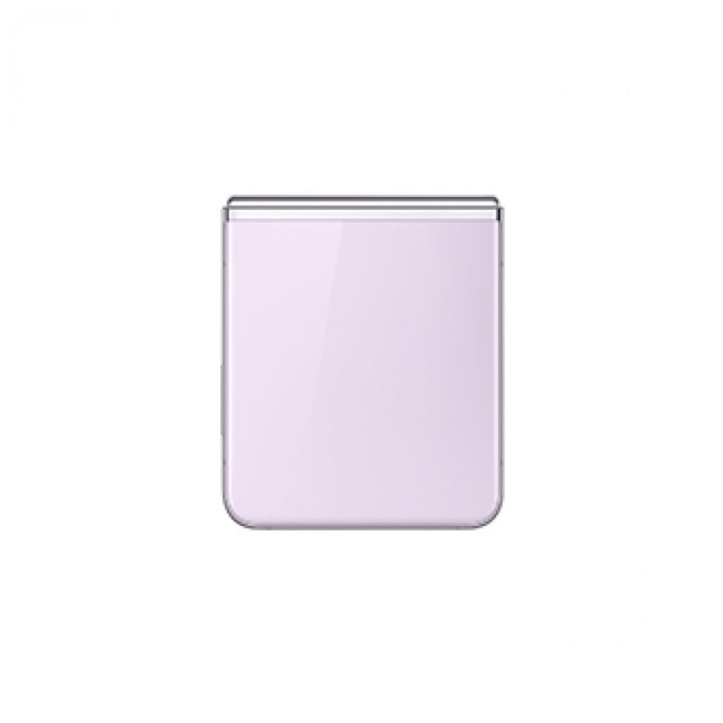 Tapa plegable lavanda del Samsung Galaxy Z Flip5 5G, acabado brillante y bordes redondeados; compacto cerrado, refleja diseño moderno y estado renovado buen
