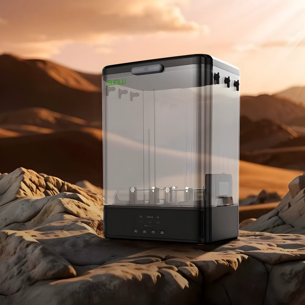 Caja secadora de filamento Sunlu FilaDryer SP2 negra con tapa transparente, panel de control frontal y higrómetro interno digital que muestra 15% - Ítem5