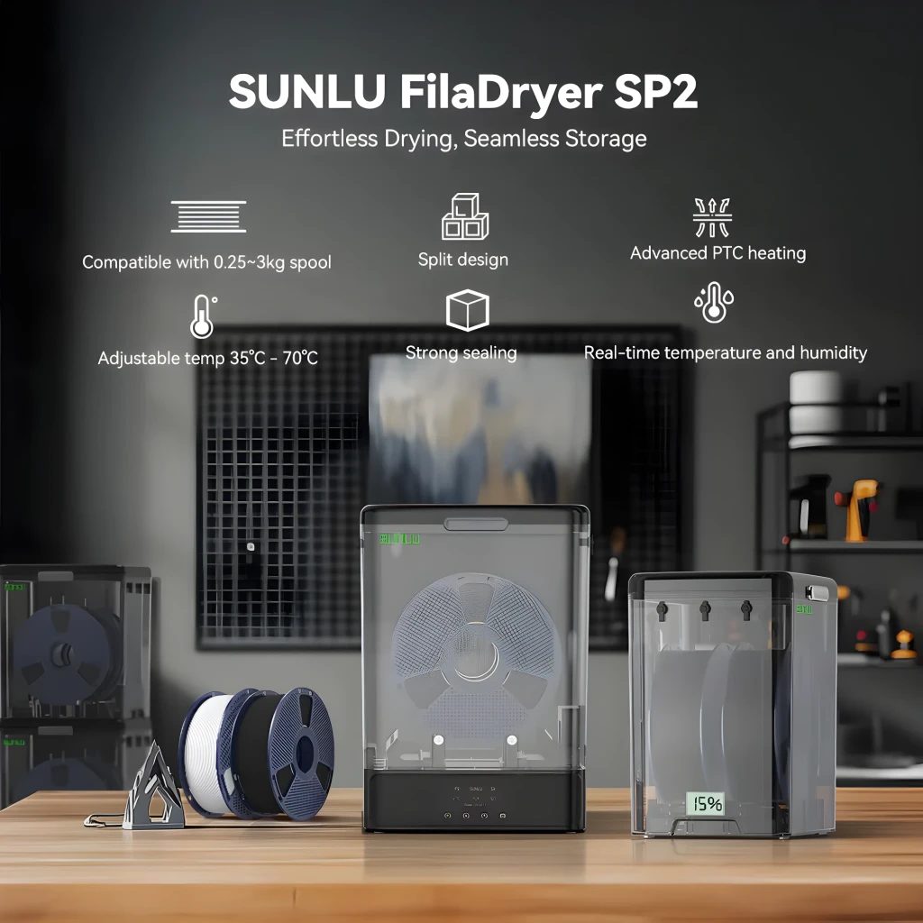 Caja secadora de filamento Sunlu FilaDryer SP2 negra con tapa transparente, panel de control frontal y higrómetro interno digital que muestra 15% - Ítem4