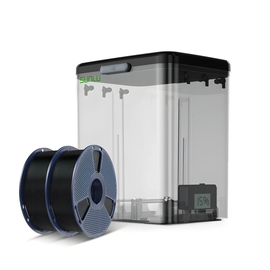 Caja secadora de filamento Sunlu FilaDryer SP2 negra con tapa transparente, panel de control frontal y higrómetro interno digital que muestra 15% - Ítem3