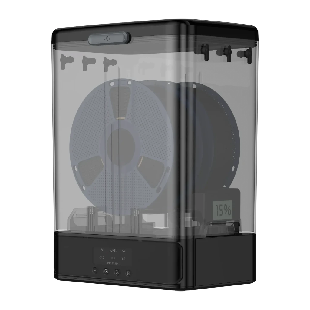 Caja secadora de filamento Sunlu FilaDryer SP2 negra con tapa transparente, panel de control frontal y higrómetro interno digital que muestra 15% - Ítem2