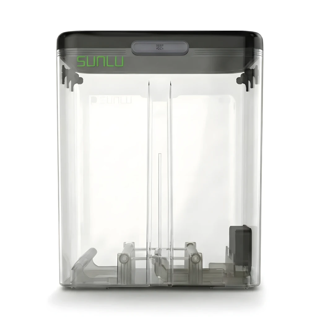 Caja secadora de filamento Sunlu FilaDryer SP2 negra con tapa transparente, panel de control frontal y higrómetro interno digital que muestra 15% - Ítem1