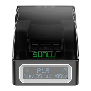 Conector de filamento SUNLU FC01 con cubierta transparente, pantalla frontal con indicador PLA y controles táctiles, diseño compacto en negro con logo verde