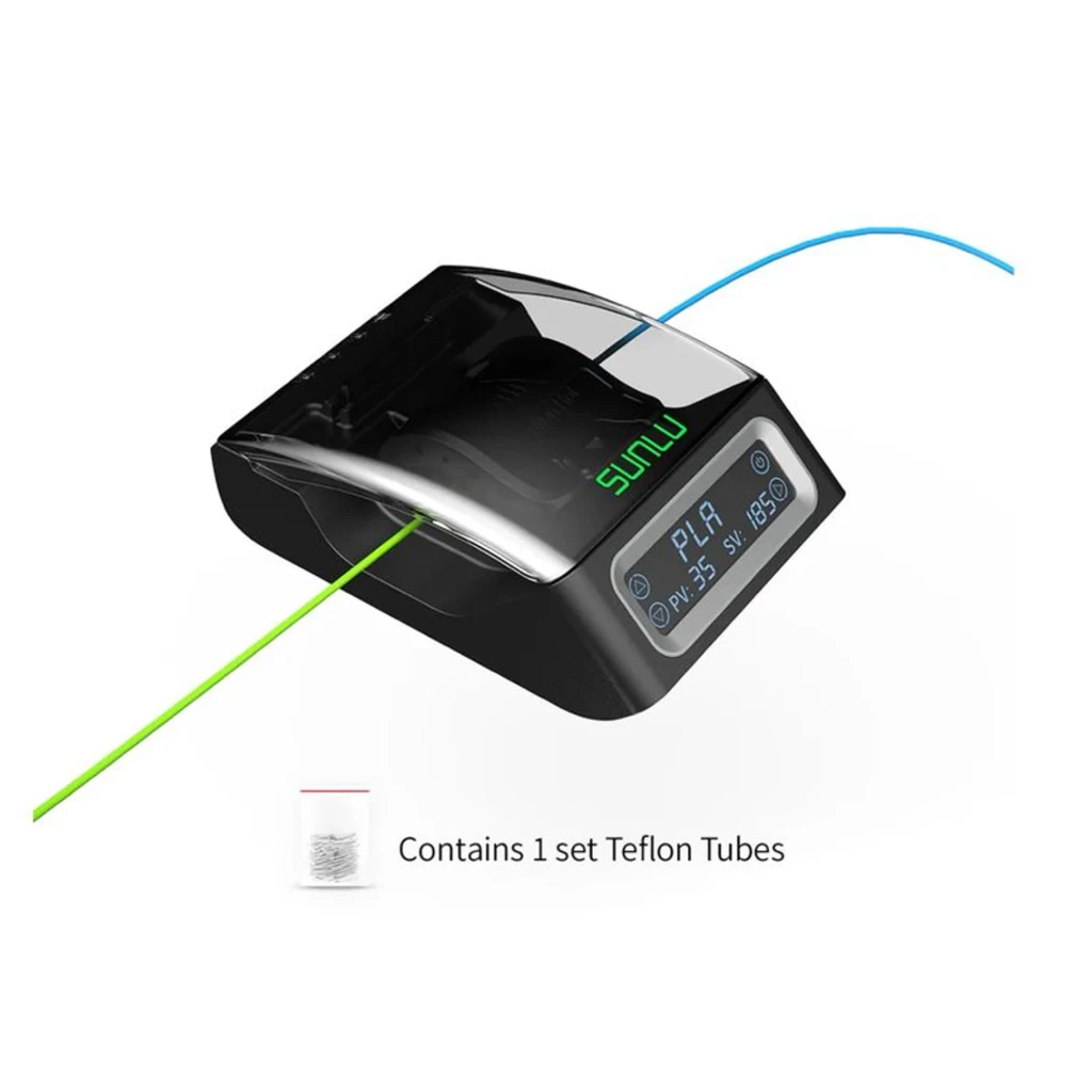 Conector de filamento SUNLU FC01 con cubierta transparente, pantalla frontal con indicador PLA y controles táctiles, diseño compacto en negro con logo verde - Ítem2