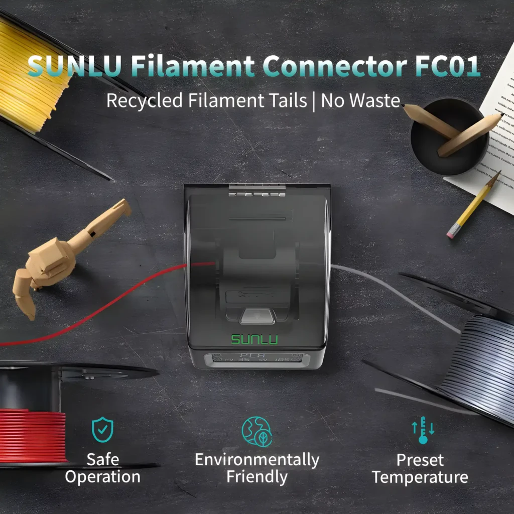 Conector de filamento SUNLU FC01 con cubierta transparente, pantalla frontal con indicador PLA y controles táctiles, diseño compacto en negro con logo verde - Ítem1