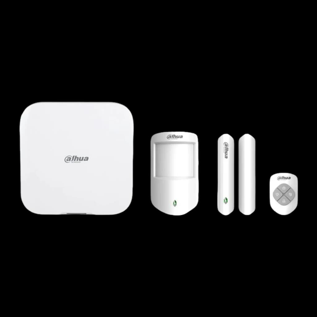 DAHUA-4735 Kit dalarme sans fil Dahua avec Wi-Fi et vérification vidéo avec hub blanc, détecteur PIR, capteurs d’ouverture, télécommande grise compacte