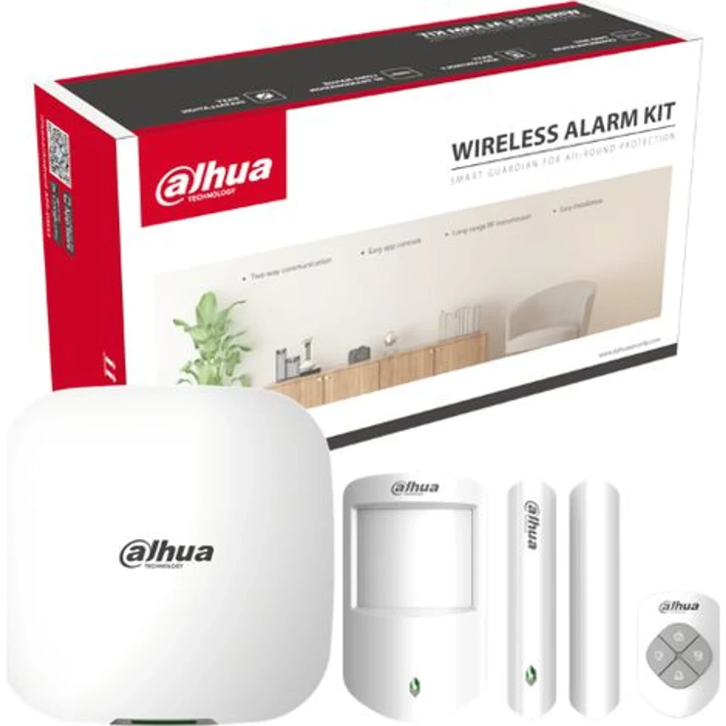 DAHUA-4735 Kit de alarme sem fios com central branca, sensor PIR com LED, contacto magnético, botão SOS e comando, conectividade Wi-Fi e verificação por - Item1