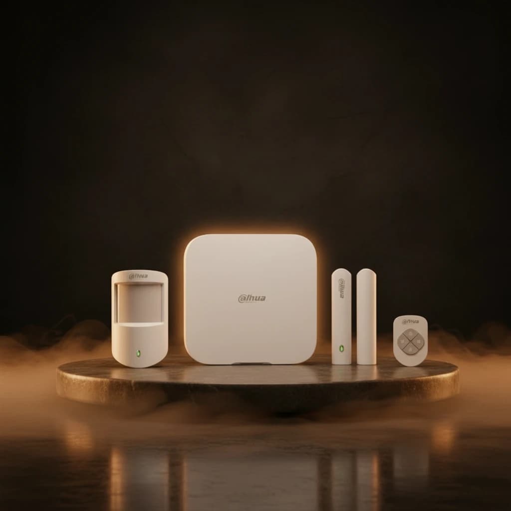 DAHUA-4735 Kit d’alarme sans fil Dahua avec Wi‑Fi et vérification vidéo comprenant hub blanc, détecteur PIR, contact de porte, télécommande compacte
