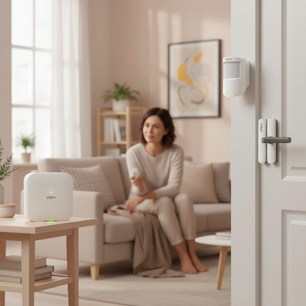 DAHUA-5317N Kit de alarma inalámbrico con central blanca, sensor PIR, contacto magnético y control remoto compacto; LEDs de estado en color verde - Ítem1