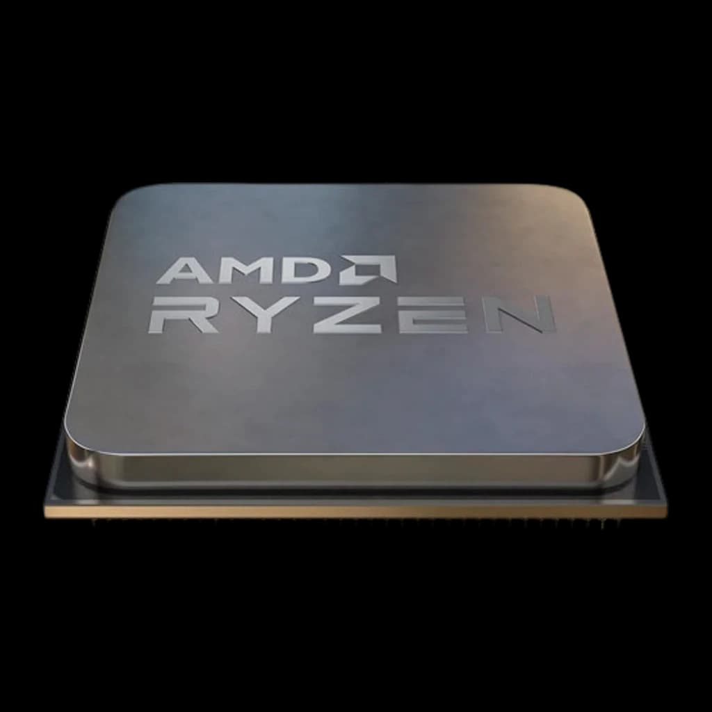 AMD Ryzen 7 5700G Socket AM4, vista frontal baja: IHS gris con logo AMD Ryzen y base dorada con contactos AM4