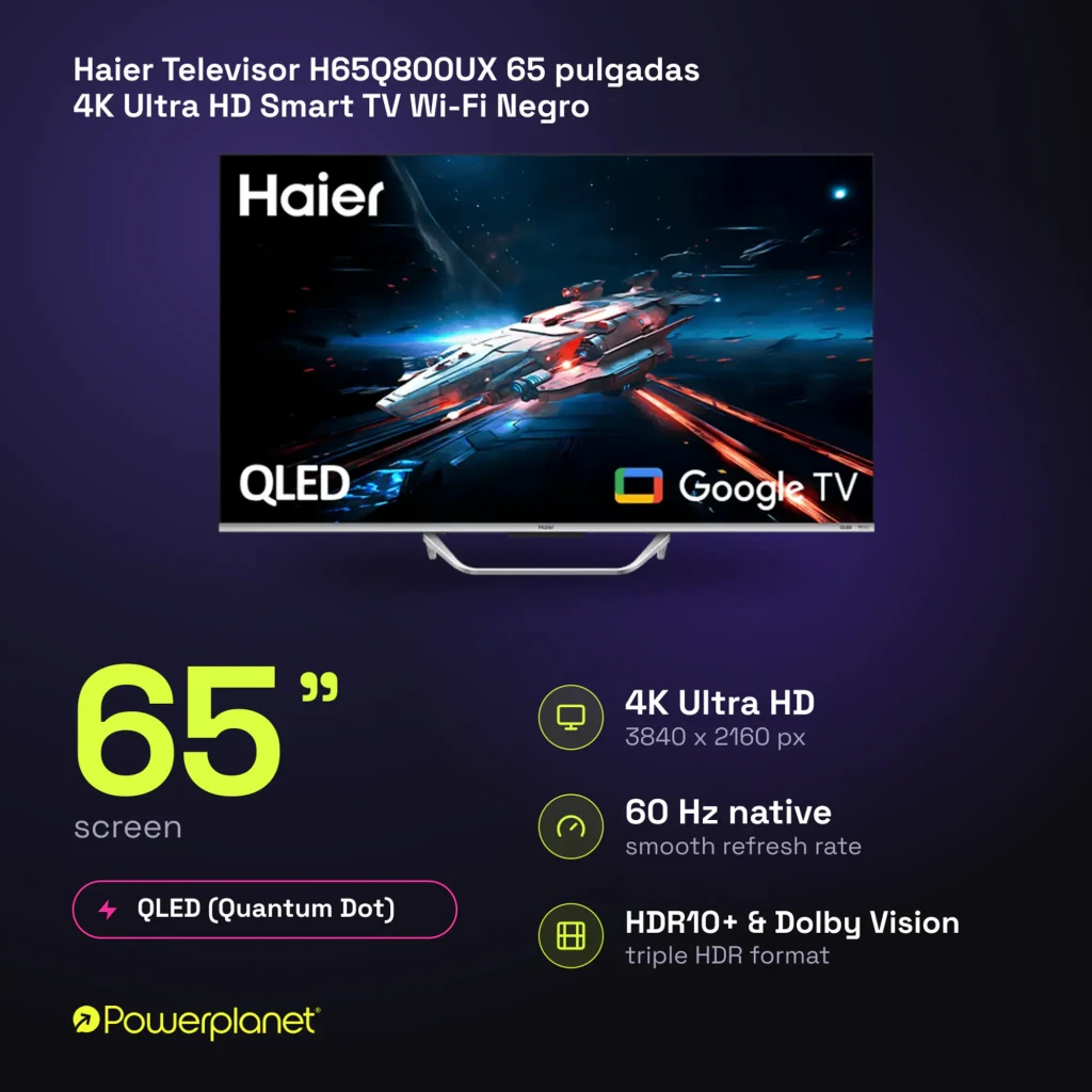 Televisor Haier H65Q800UX de 65 pulgadas con pantalla QLED 4K, 120Hz, biseles finos y soporte central; interfaz Google TV y puertos HDMI 2.1 visibles en - Ítem1